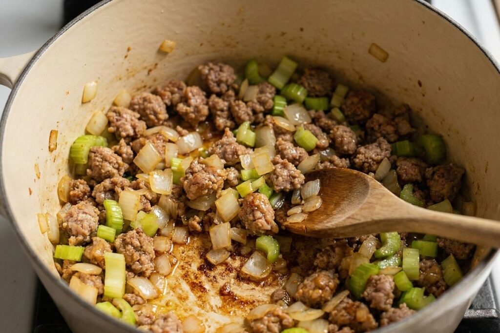 Sautéing onions, celery, and garlic in a Dutch oven until translucent to create a savory flavor base for anti-inflammatory cabbage soup.