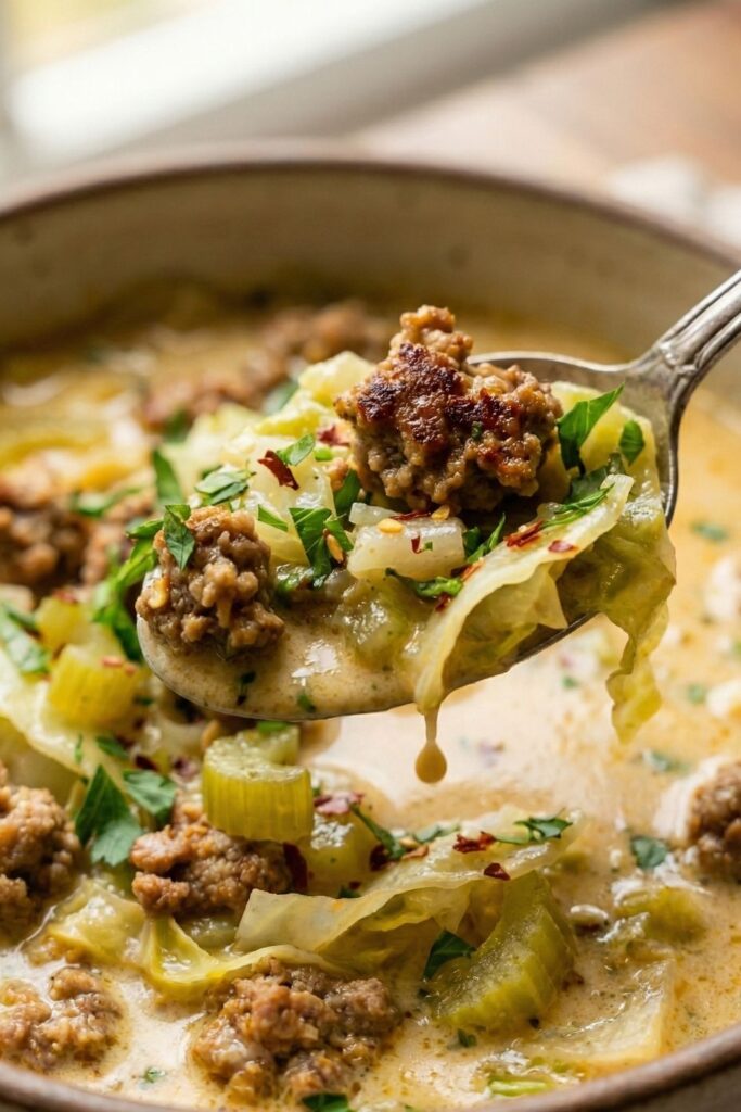 Macro shot of a spoon full of dairy-free creamy sausage soup, highlighting the rich coconut milk broth and tender cabbage texture