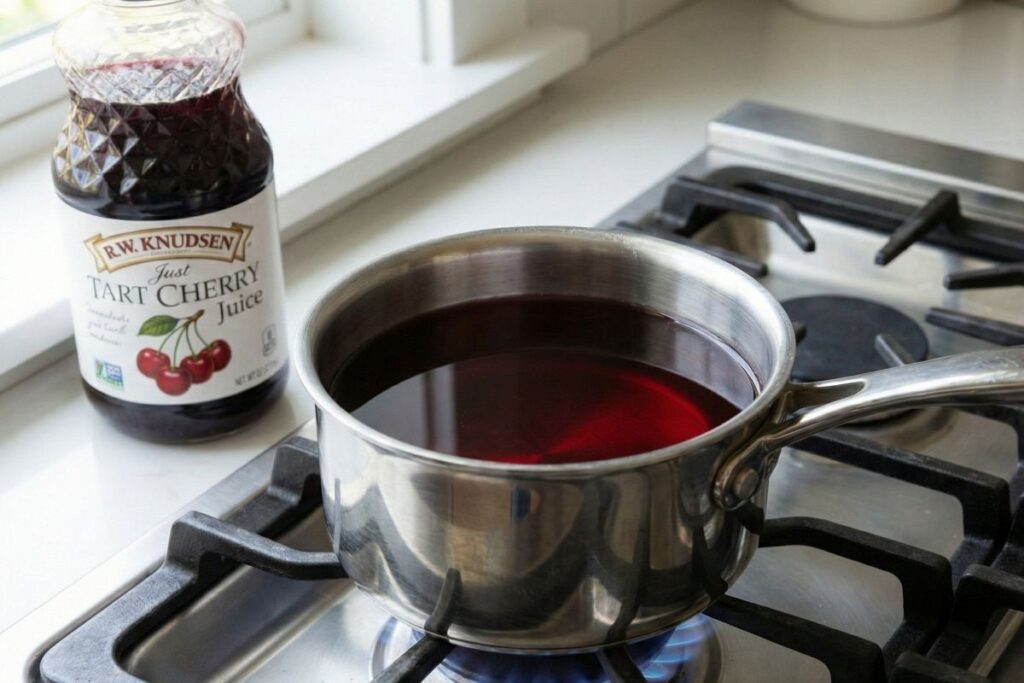 Stainless steel saucepan containing tart cherry juice warming on a stovetop burner with no bubbles visible.