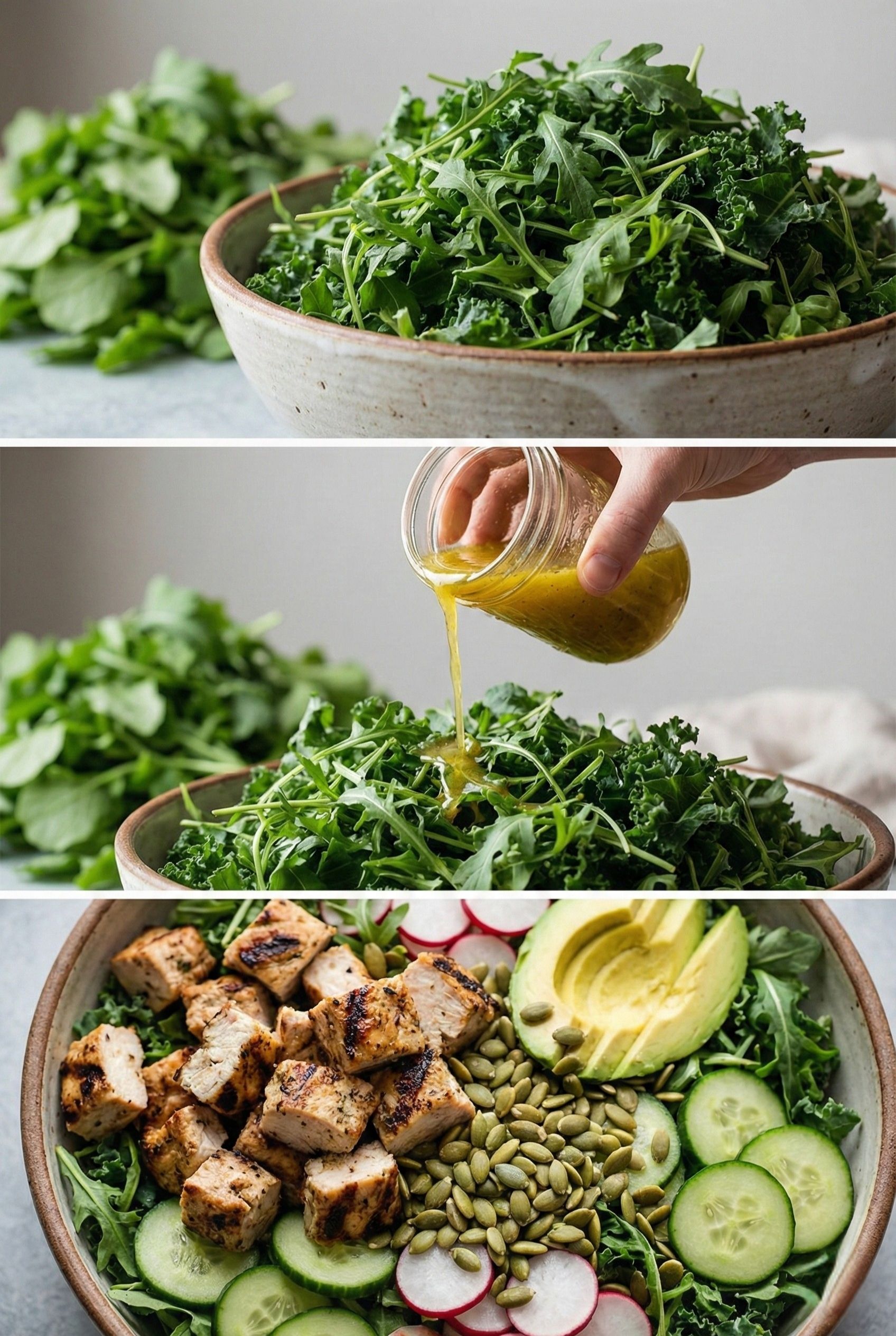 How to make a high-volume roasted chicken salad for lunch. Collage shows fresh greens, pouring a low-sugar vinaigrette, and the final nutrient-dense salad bowl with avocado and pumpkin seeds.