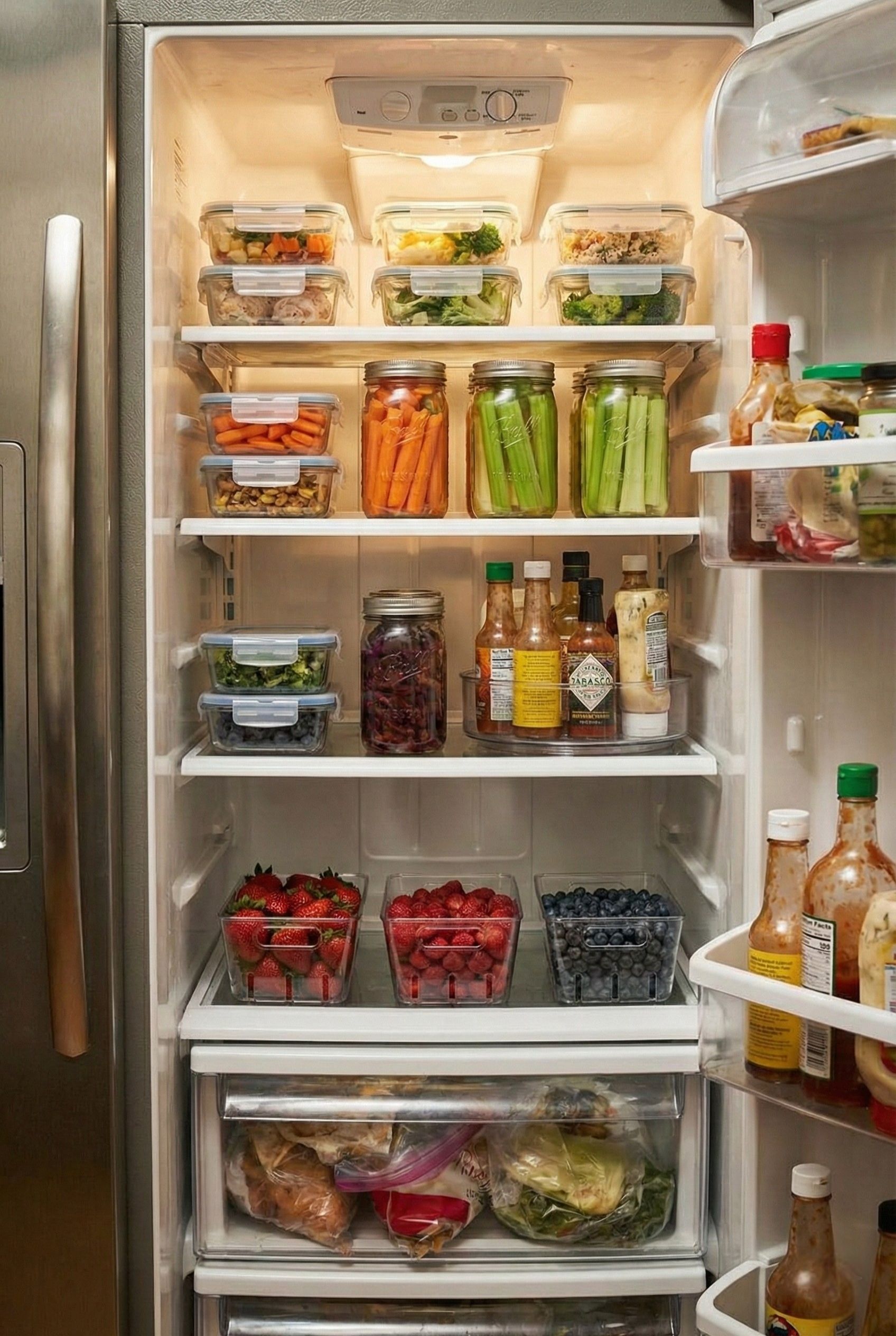 Aesthetically organized refrigerator featuring glass containers, rainbow-ordered fruits and vegetables, and clear bins designed for weight loss success.