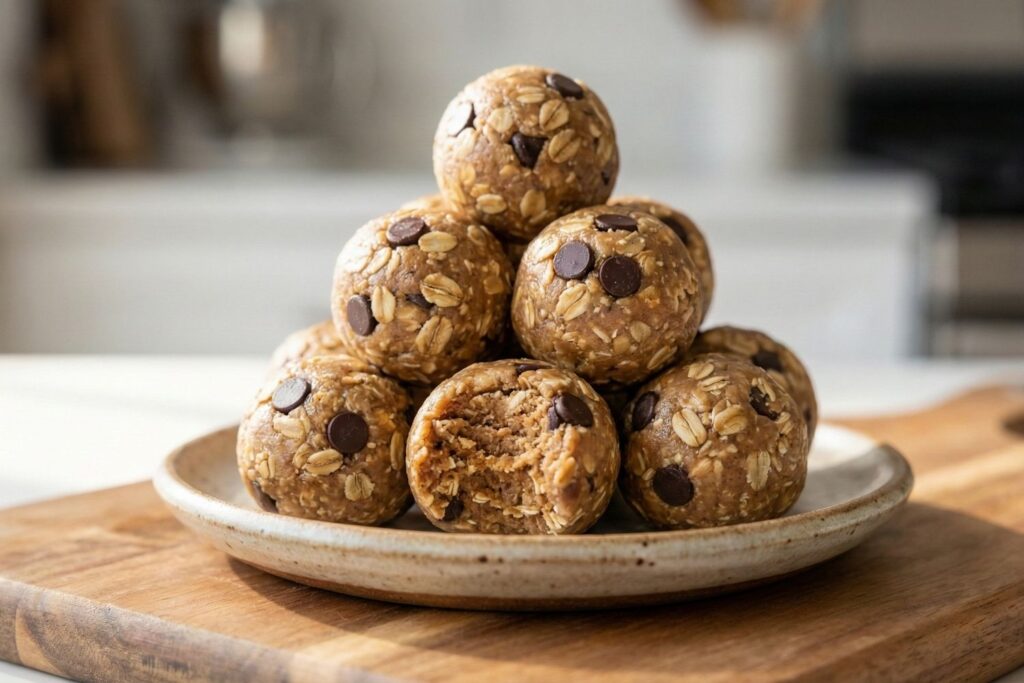 A stack of finished No-Bake High-Protein Collagen Energy Balls on a ceramic plate, with one bitten to show the dense, chewy, and satisfying texture.