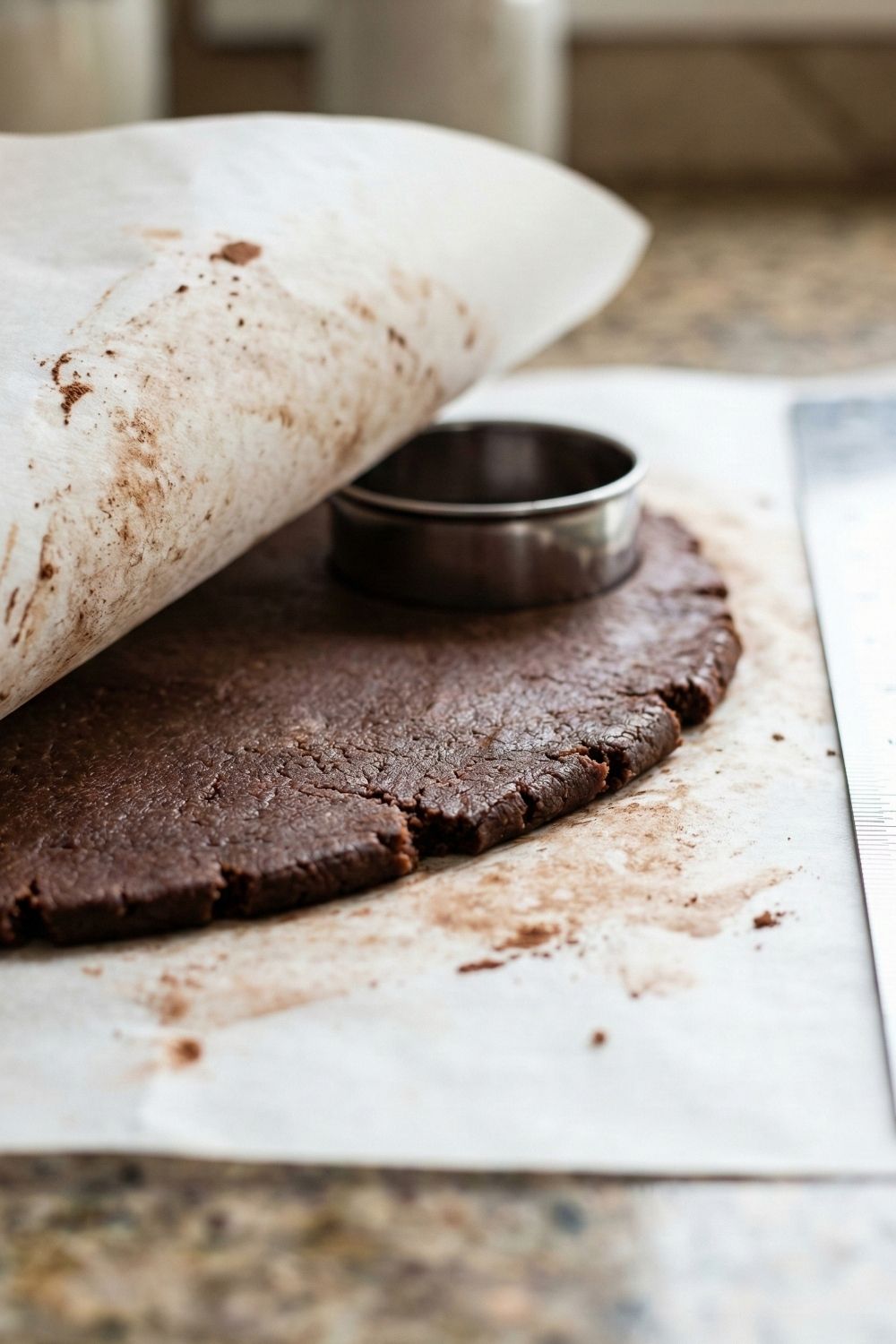 Macro side view of rolling out chocolate vegan cookie dough to 1/8 inch thickness on parchment paper with a round cookie cutter