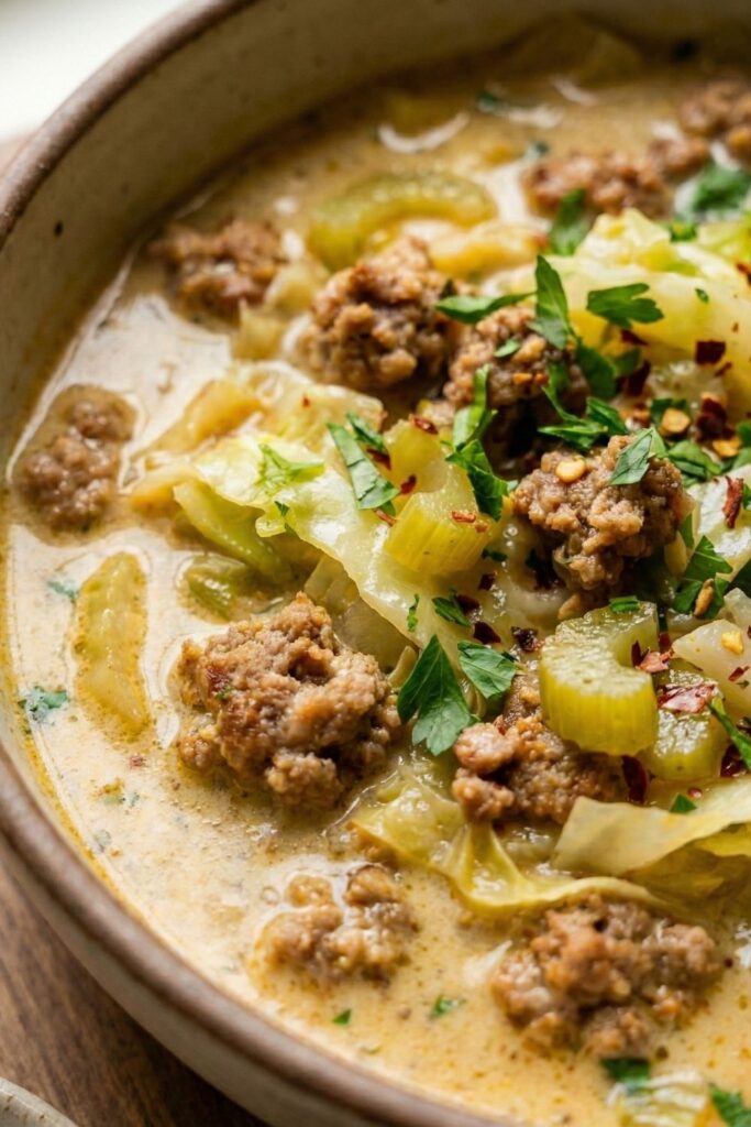 Side angle view of a comforting bowl of anti-inflammatory sausage and cabbage soup, showing the hearty chunks of meat and creamy golden broth