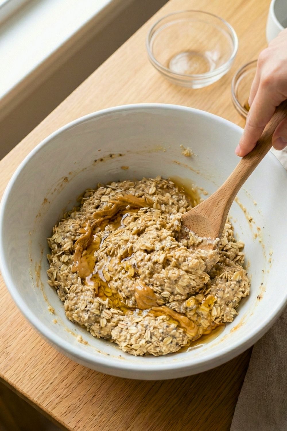 Mixing rolled oats, peanut butter, and protein powder in a white bowl with a wooden spoon until a thick, sticky dough forms