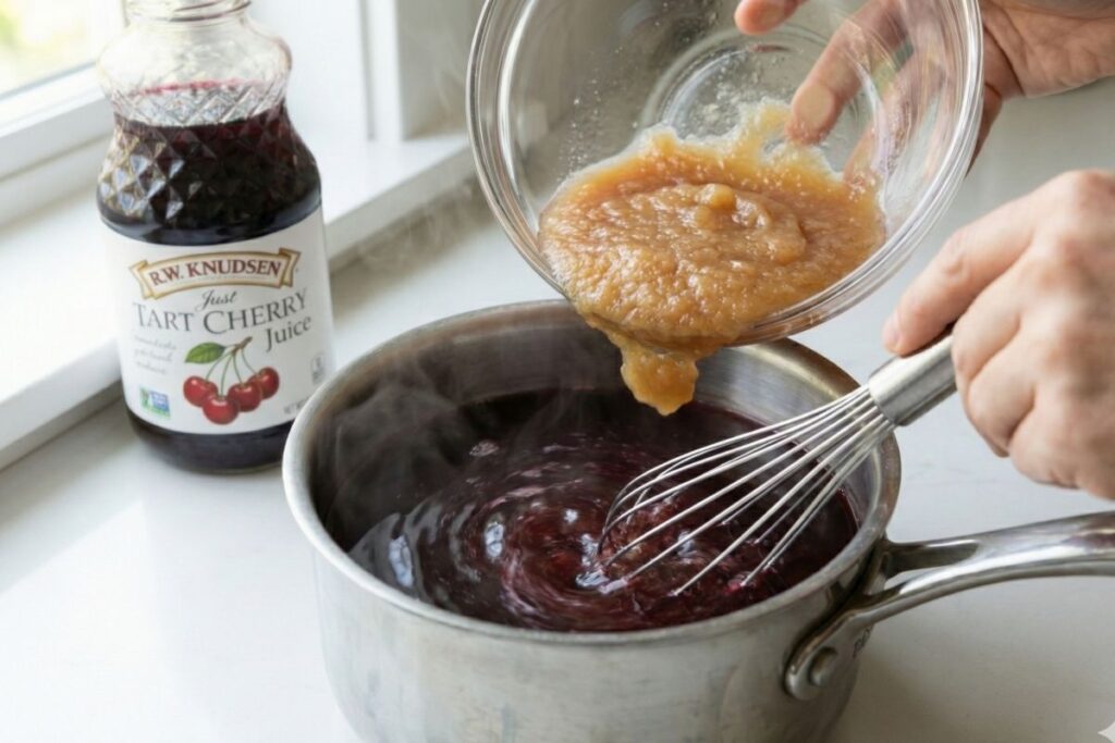 Whisking thick bloomed gelatin mixture into hot tart cherry juice to create a smooth, lump-free sleep gummy base.