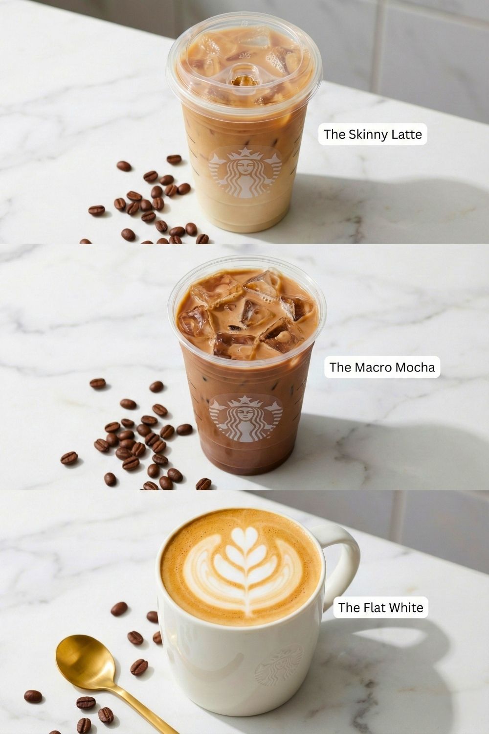 Aesthetic flat lay of a healthy Starbucks iced coffee order, protein bar, and coffee beans arranged on a light wood surface.