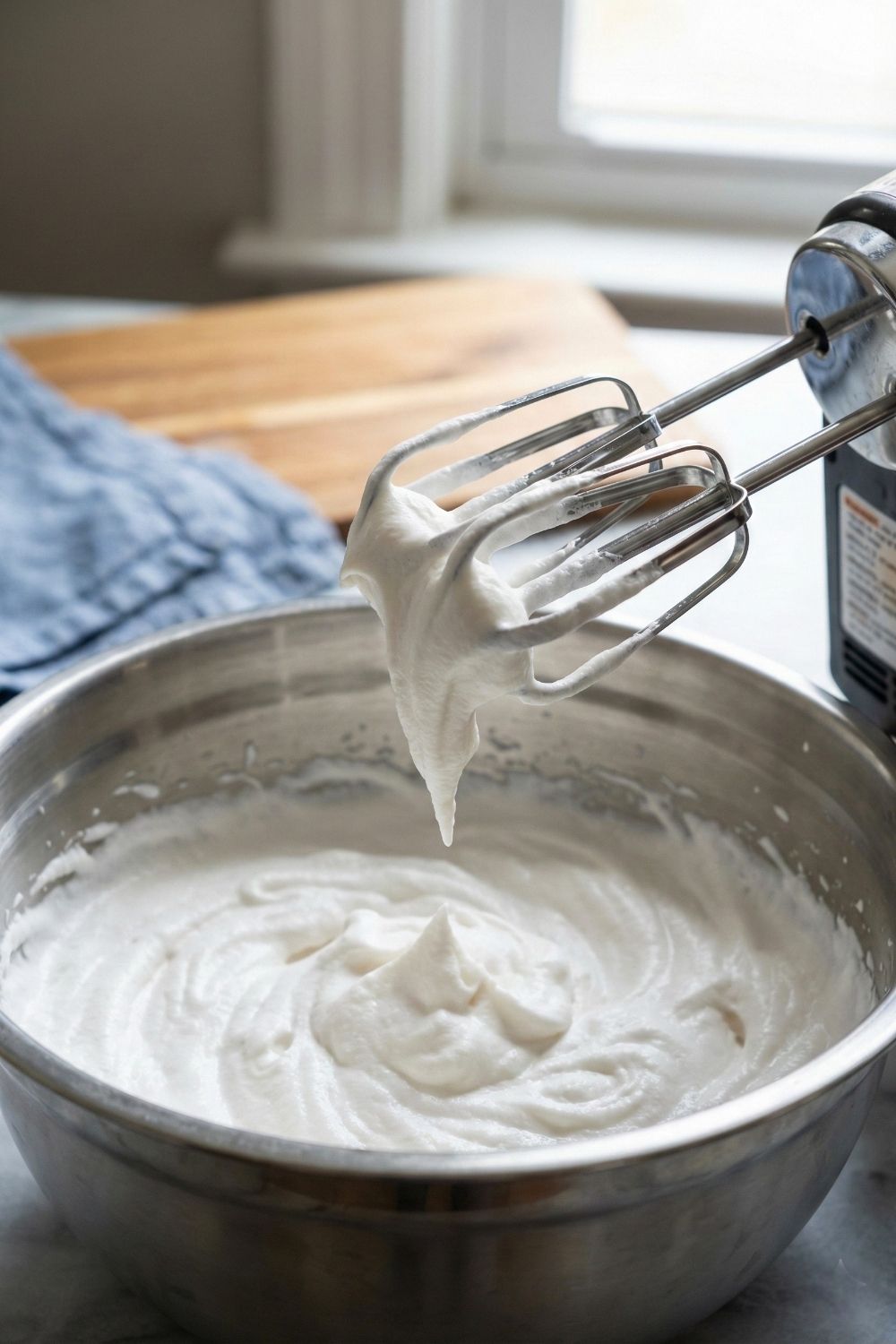 Electric mixer beaters lifted from a bowl showing dairy-free coconut whipped cream holding soft peaks without being over-mixed.