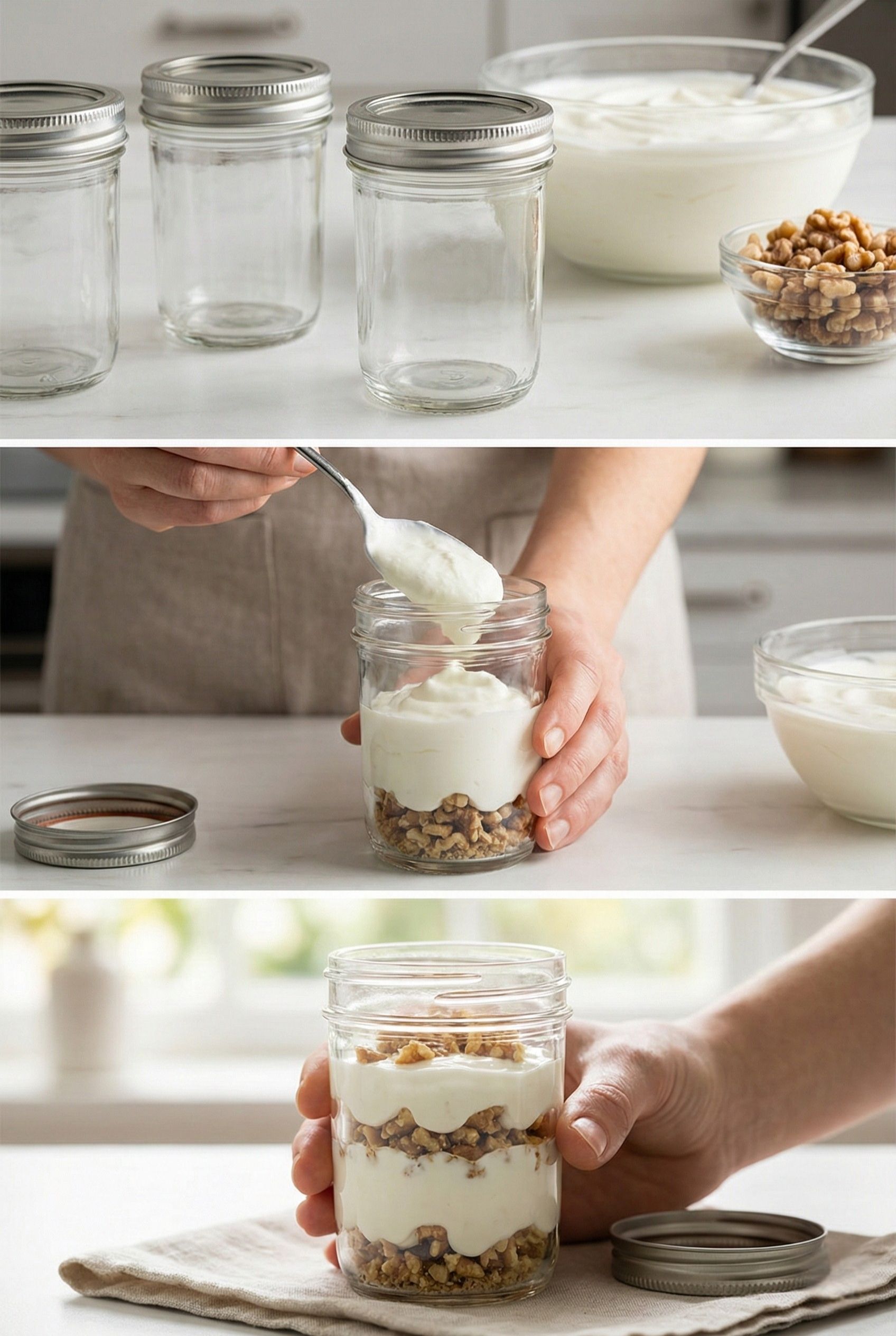Meal prep Greek yogurt and walnut snack jars. Top image shows glass jars lined up for the week; bottom image shows a hand holding a portable glass jar snack to show layers
