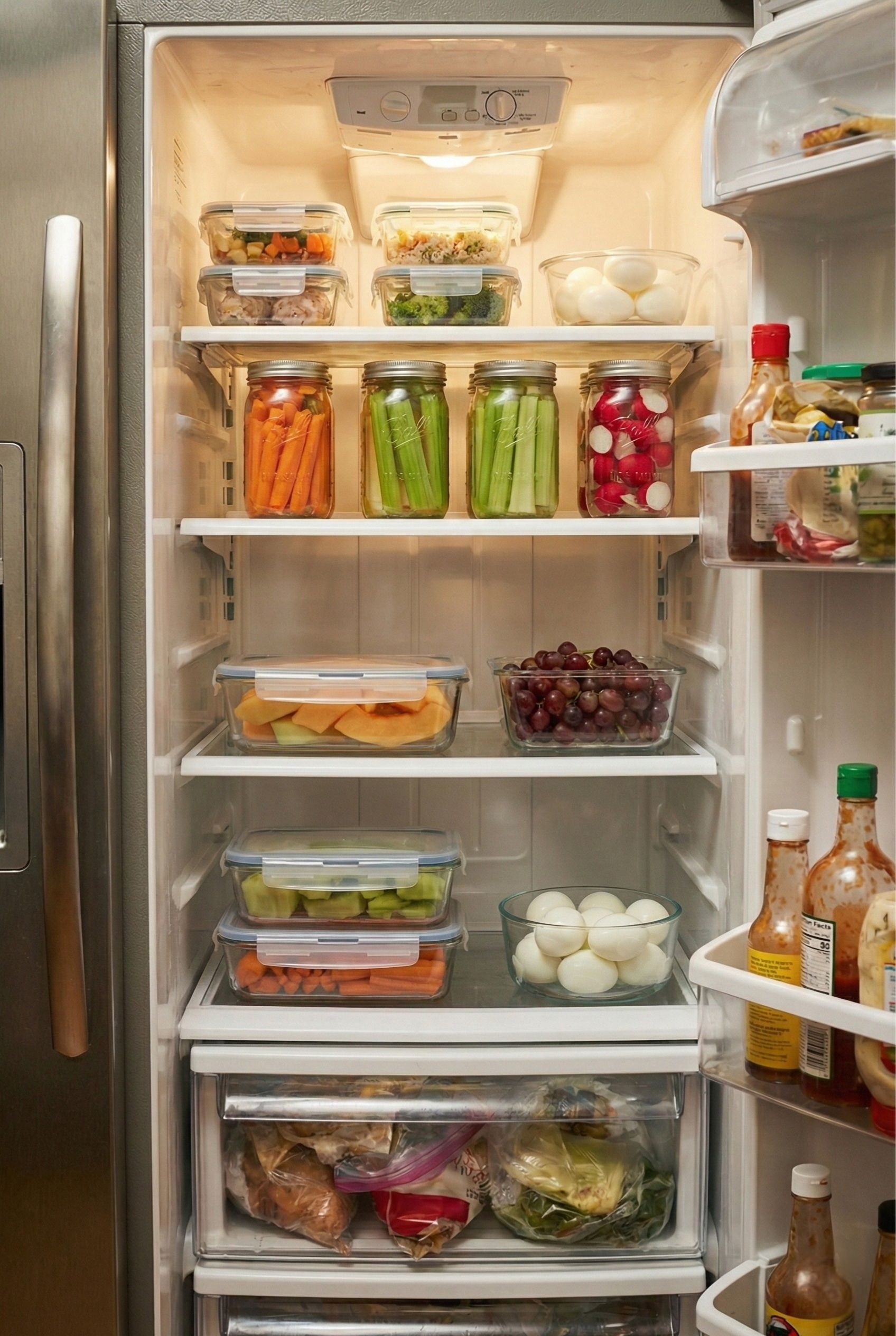 Eye-level fridge shelf stocked with healthy snacks, featuring cut vegetables in mason jars and fresh fruit in clear glass containers to encourage healthy eating.