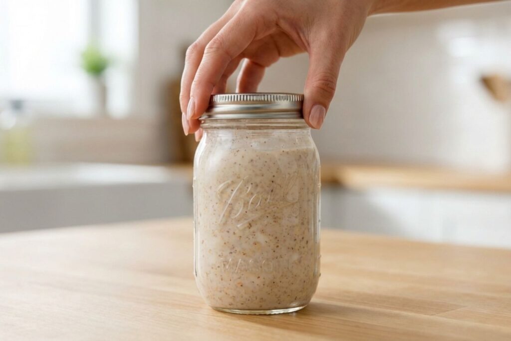 A woman's hand holding a sealed mason jar of mixed overnight oats, showing the creamy liquid consistency ready to be refrigerated for at least 6 hours.