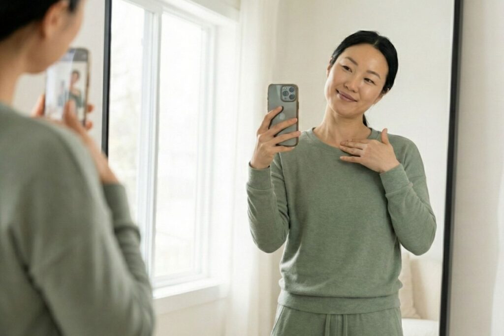 Woman demonstrating lymphatic drainage tapping massage on the collarbone to help de-puff the face and neck.