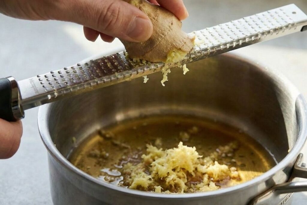 Grating fresh ginger root directly into a saucepan using a Microplane zester to make aromatic sesame dressing.