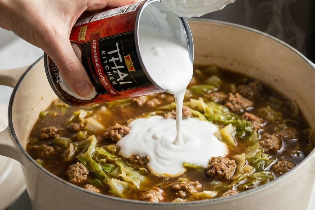 Pouring thick, full-fat Thai Kitchen coconut milk into the savory broth to create a creamy dairy-free sausage and cabbage soup texture.