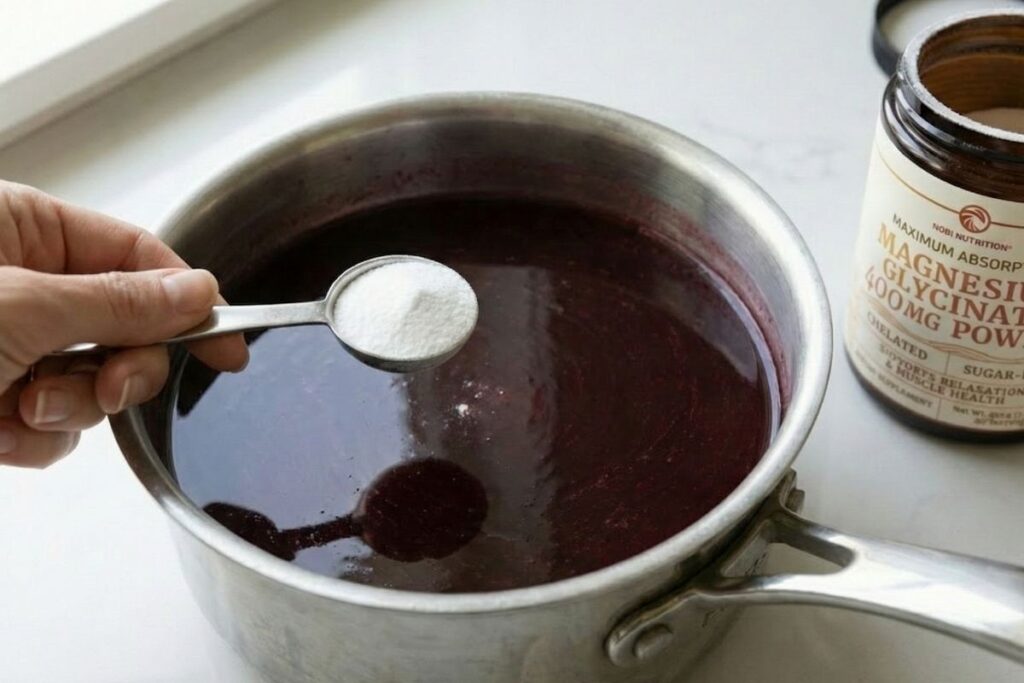 Measuring spoon holding white magnesium glycinate powder hovering over the dark red tart cherry liquid.