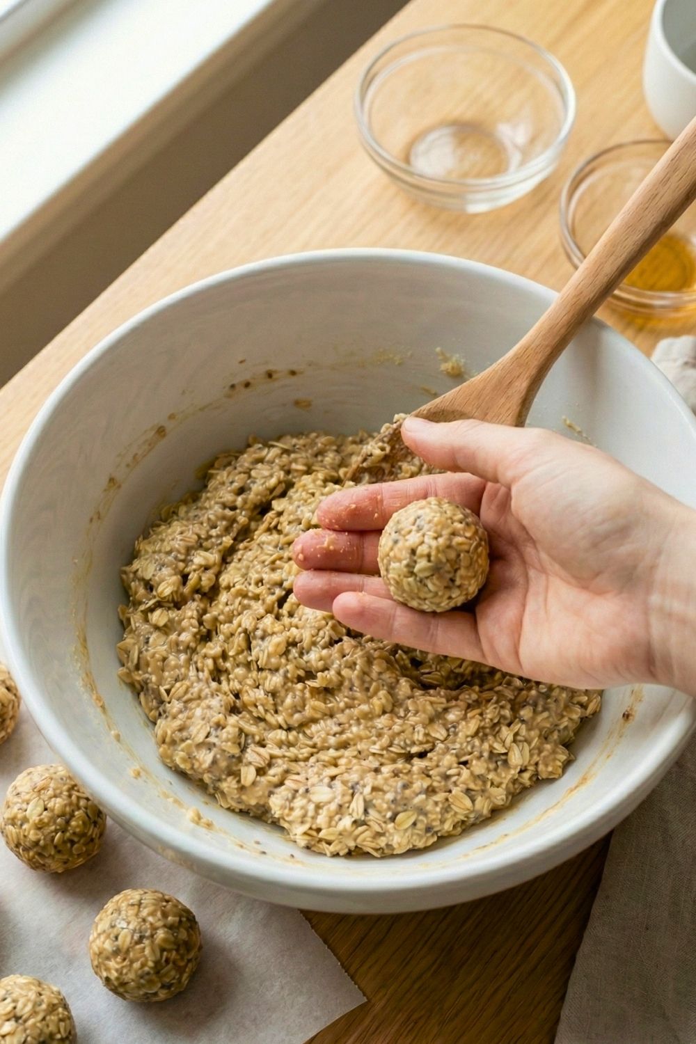 Close-up view of the oat mixture being rolled into round, bite-sized protein balls, showing the dense and chewy texture
