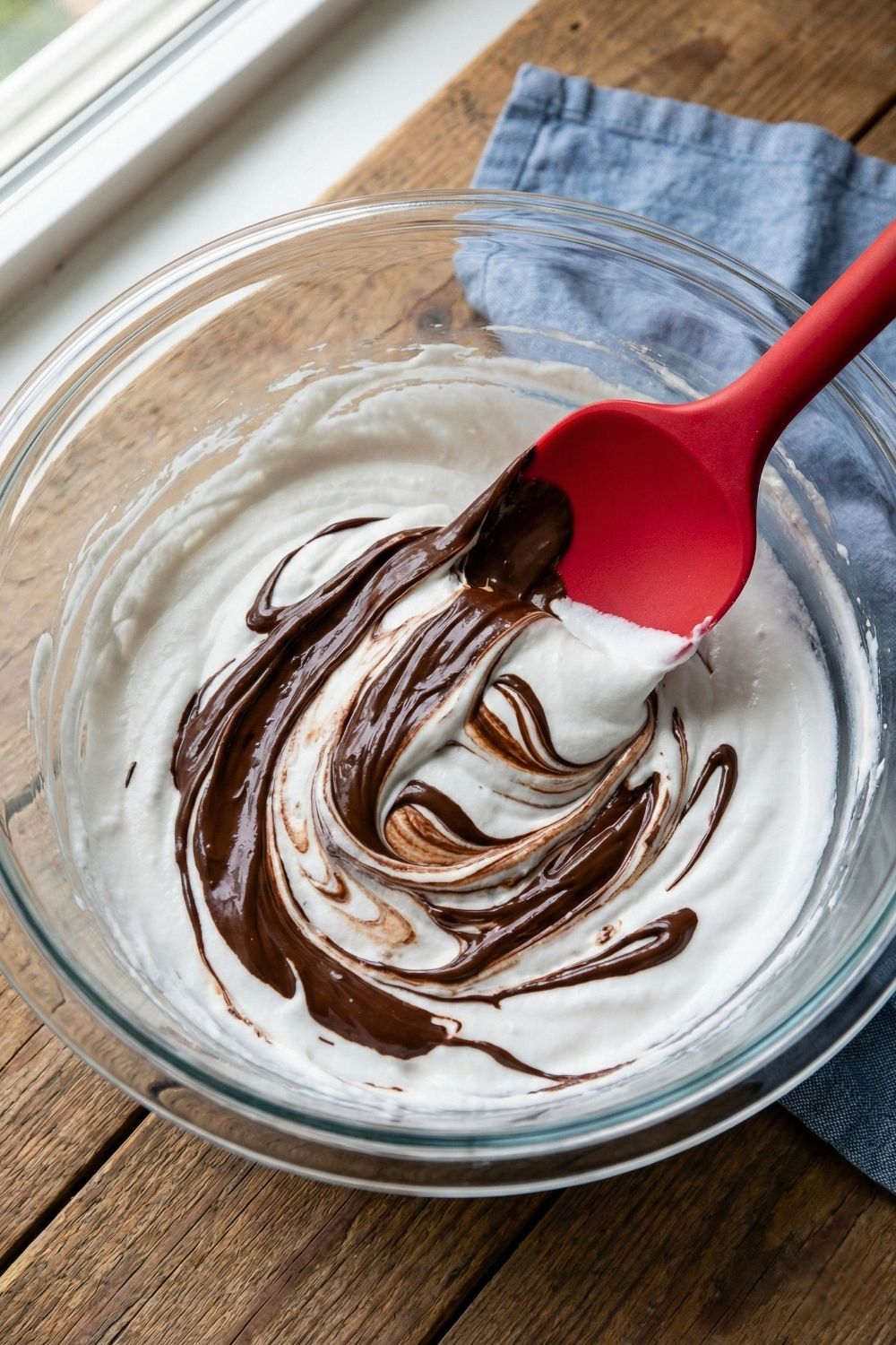 Silicone spatula gently folding melted dark chocolate into whipped coconut cream, creating marble swirls to preserve air bubbles.