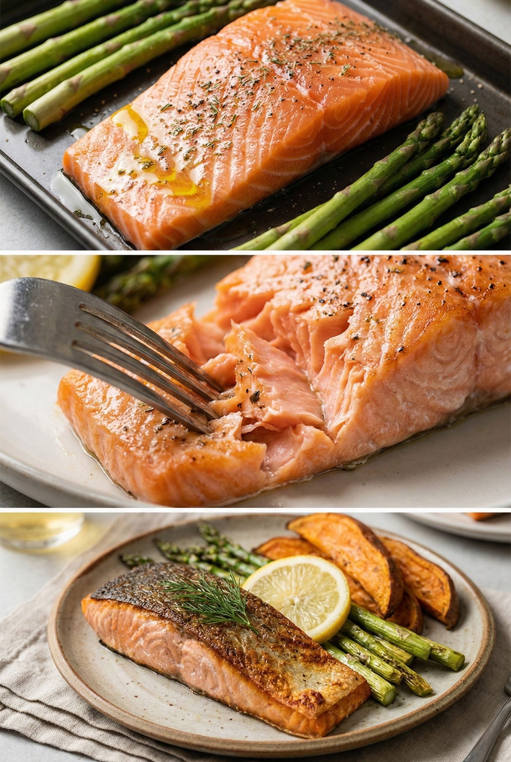 Roasted salmon and asparagus dinner recipe process. Collage shows raw seasoned fish, a fork testing the flaky texture of the cooked salmon, and the final plated high-protein dinner
