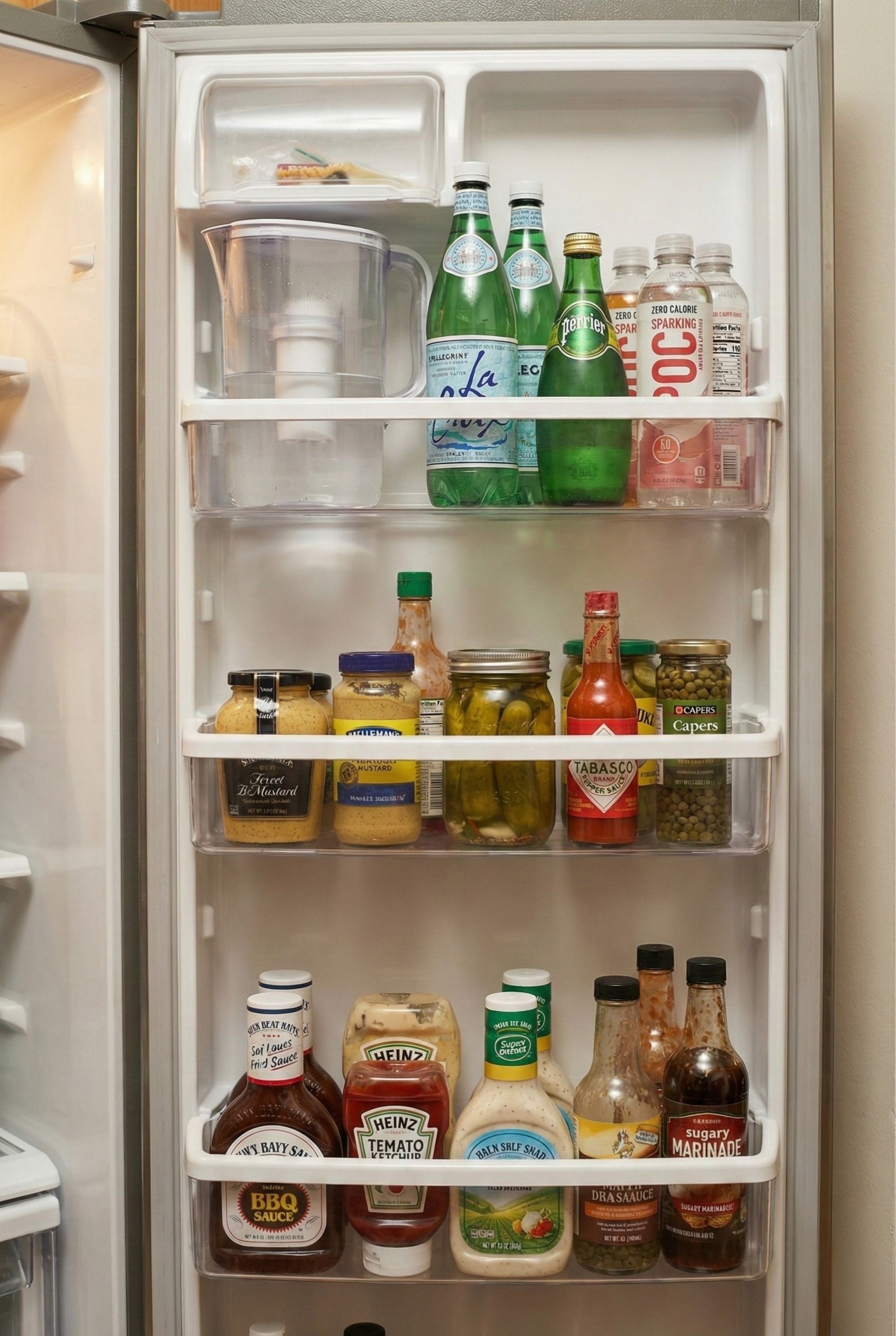Organized refrigerator door shelves with water and low-calorie drinks on the top shelf and condiments arranged neatly on the bottom shelf.