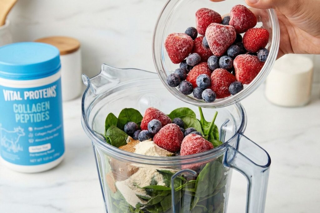 Pouring frozen strawberries and blueberries into the blender mixture to add Vitamin C and antioxidants essential for collagen synthesis.