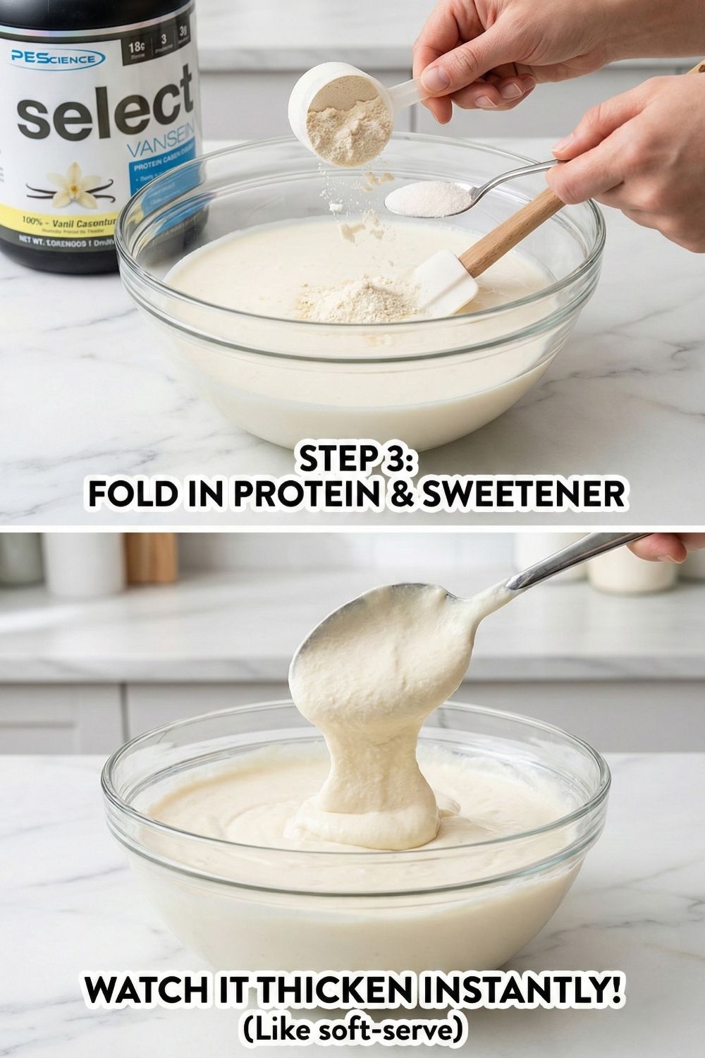Spoon lifting thick, velvety protein cheesecake batter from a bowl, showing the soft-serve ice cream consistency after adding casein powder.