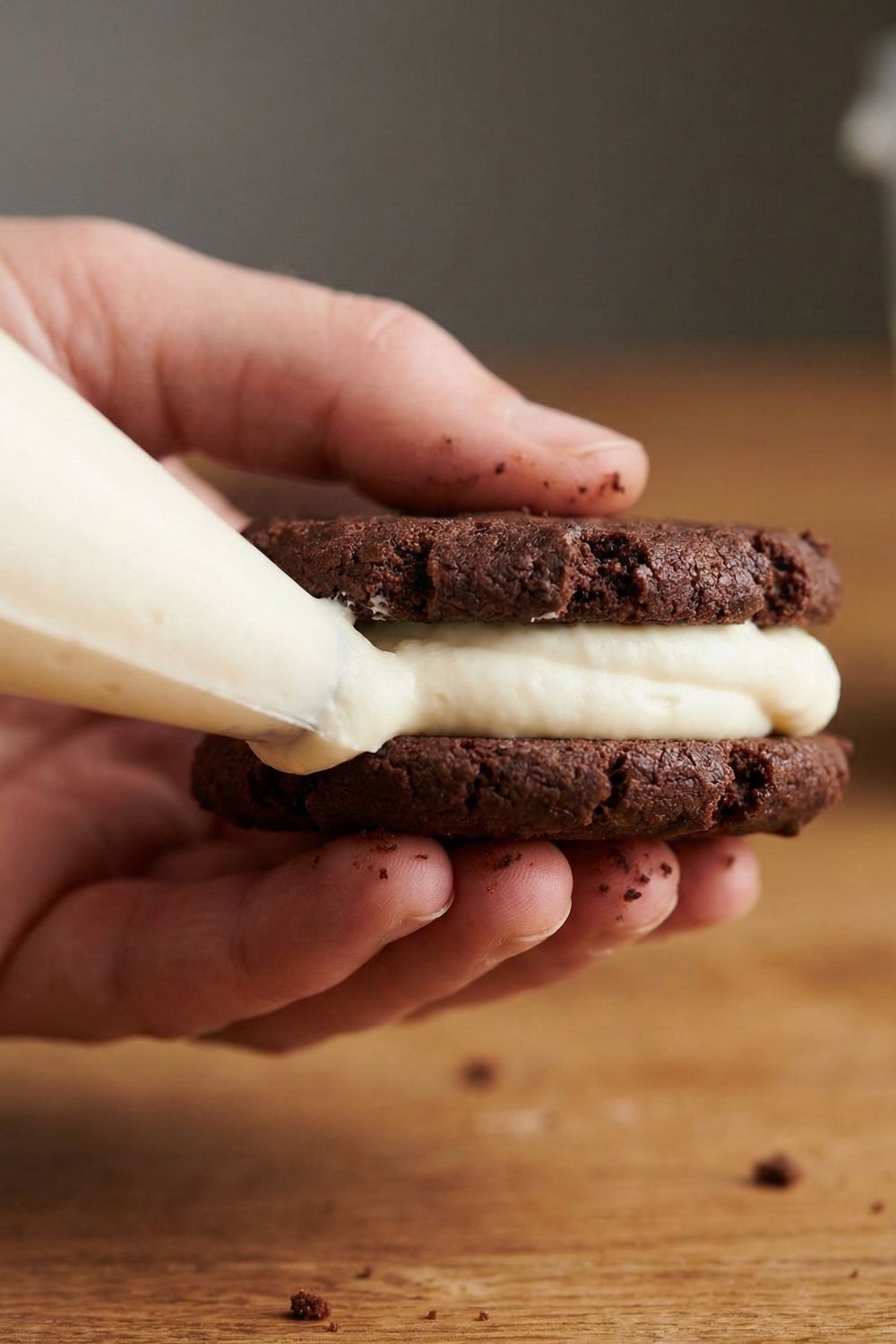 Side view of hands assembling a homemade zero sugar Oreo, pressing two dark chocolate wafers together until the white cream filling reaches the edges.