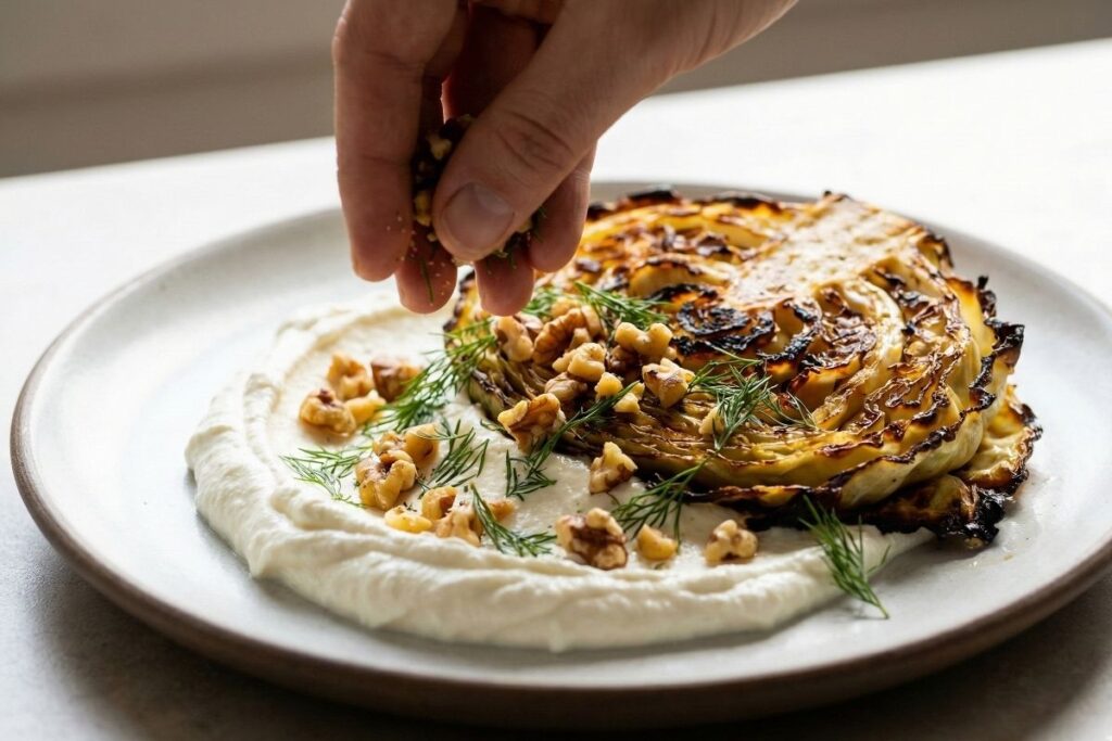 Hand sprinkling chopped toasted walnuts and fresh dill over a warm roasted cabbage steak sitting on a bed of whipped feta