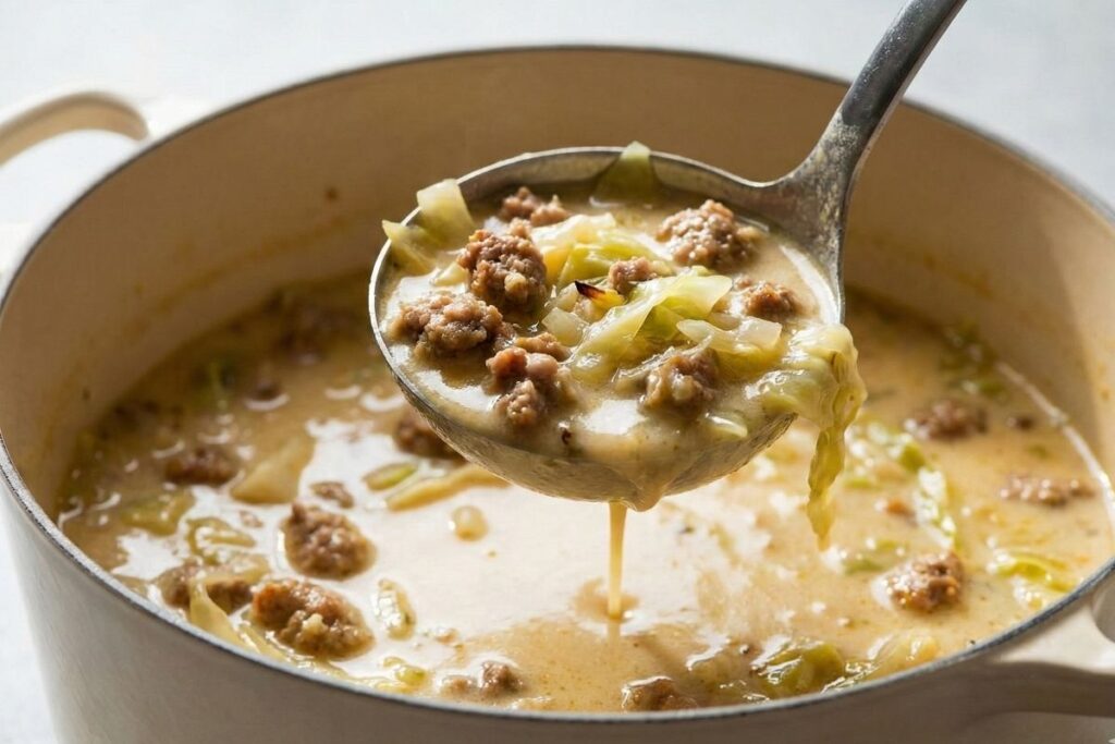 Close-up of a ladle lifting creamy sausage and cabbage soup, showing the tender vegetables and rich, velvety broth without any heavy cream