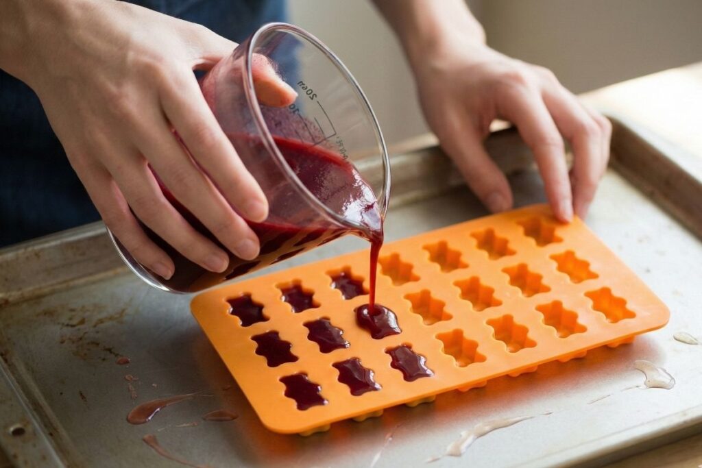 Woman's hand carefully pouring smooth tart cherry gummy liquid into silicone molds using a spouted cup.