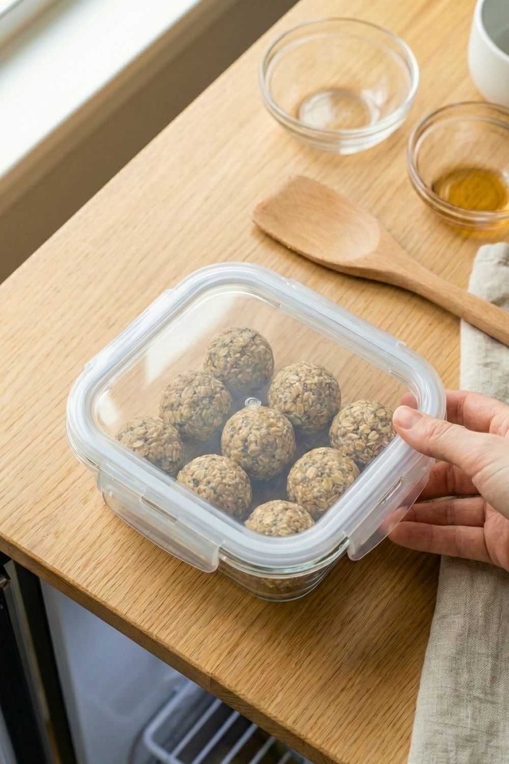 Finished no-bake peanut butter protein balls ready to eat prepped in a meal prep container
