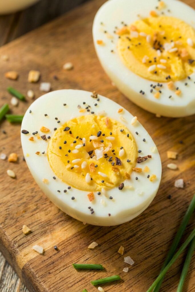 Hard boiled eggs topped with everything bagel seasoning for a savory high protein keto friendly snack.
