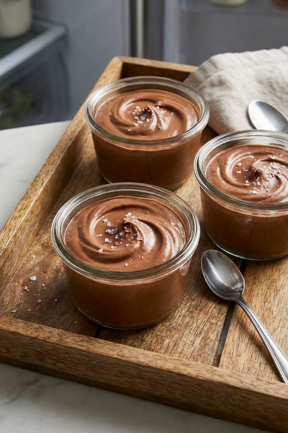 Creamy chocolate mousse mixture portioned into small glass jars, ready to be chilled in the refrigerator to set.