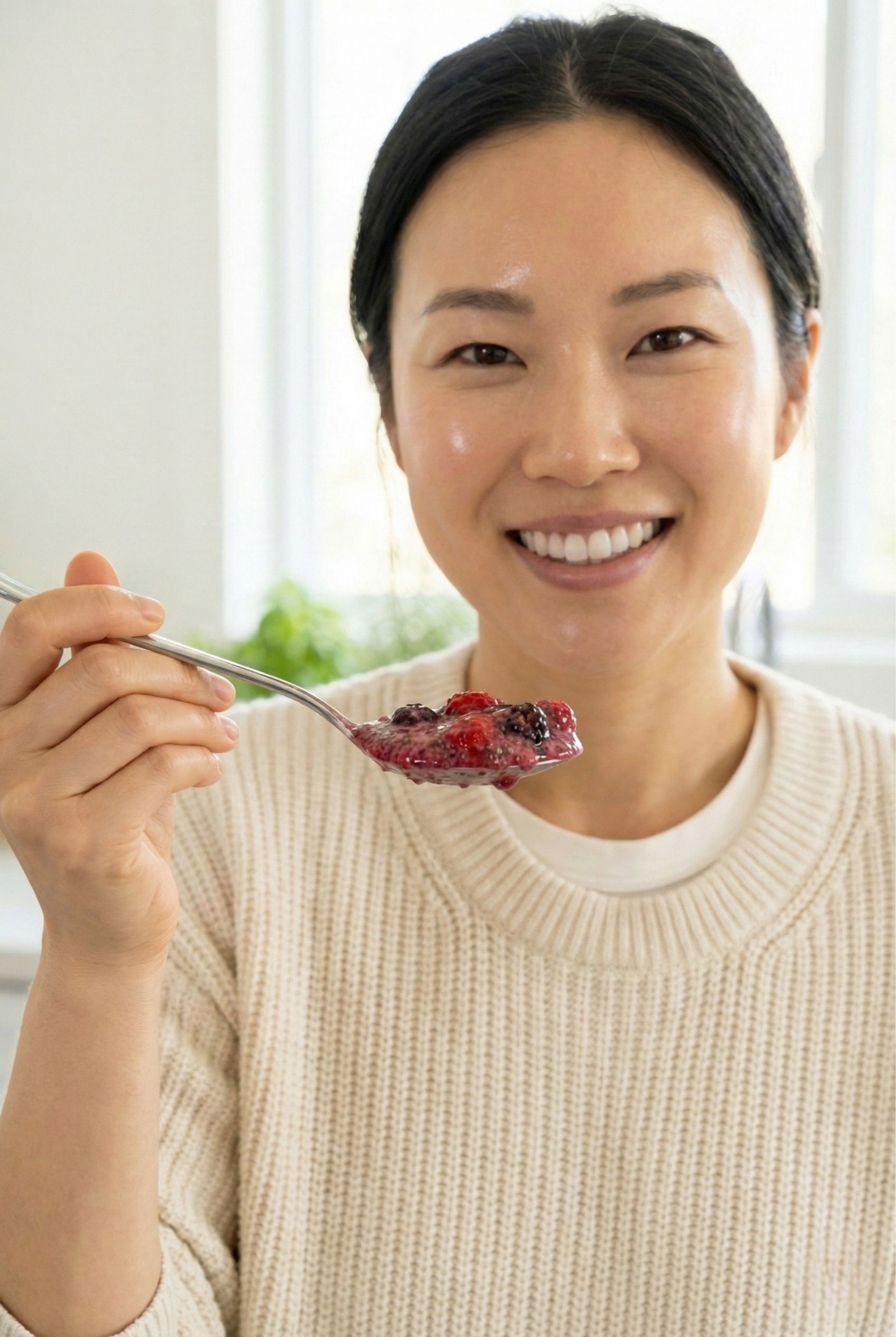 Abby holding a spoonful of thick purple protein smoothie in a bright kitchen, smiling with clear glowing skin.