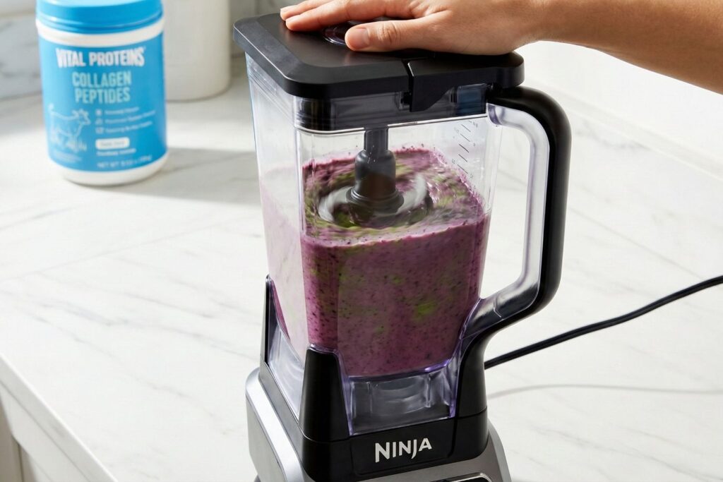 A high-speed Ninja blender vigorously mixing spinach, berries, and collagen powder into a smooth, purple high-protein breakfast drink.