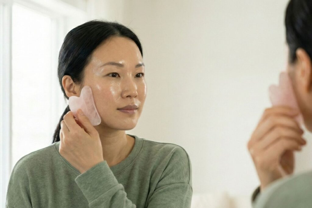 Close-up mirror reflection of woman using a rose quartz gua sha tool on the jawline for facial sculpting and tension relief.