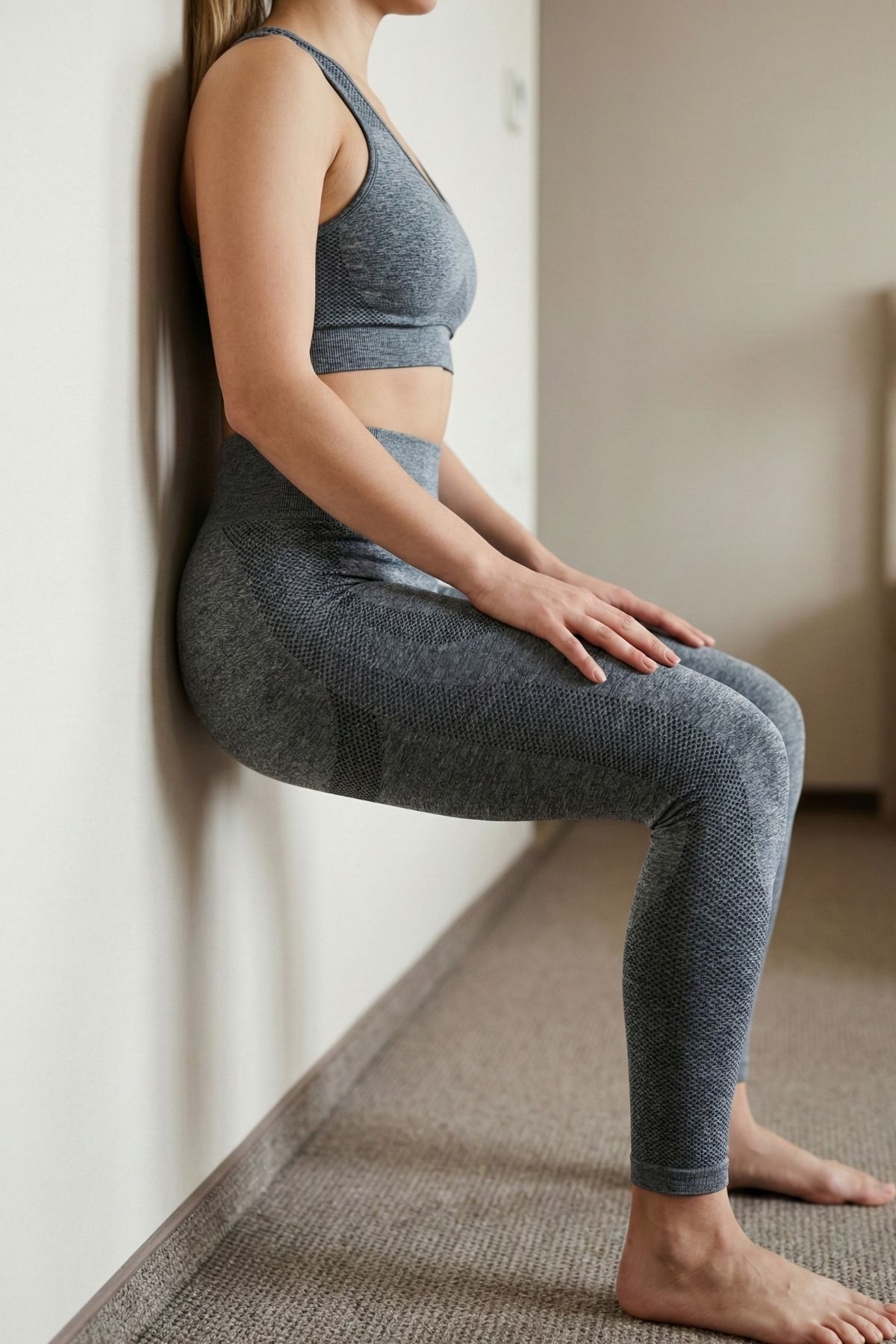 Woman holding a zen wall sit against a hotel wall. Isometric leg exercise for building endurance in small spaces
