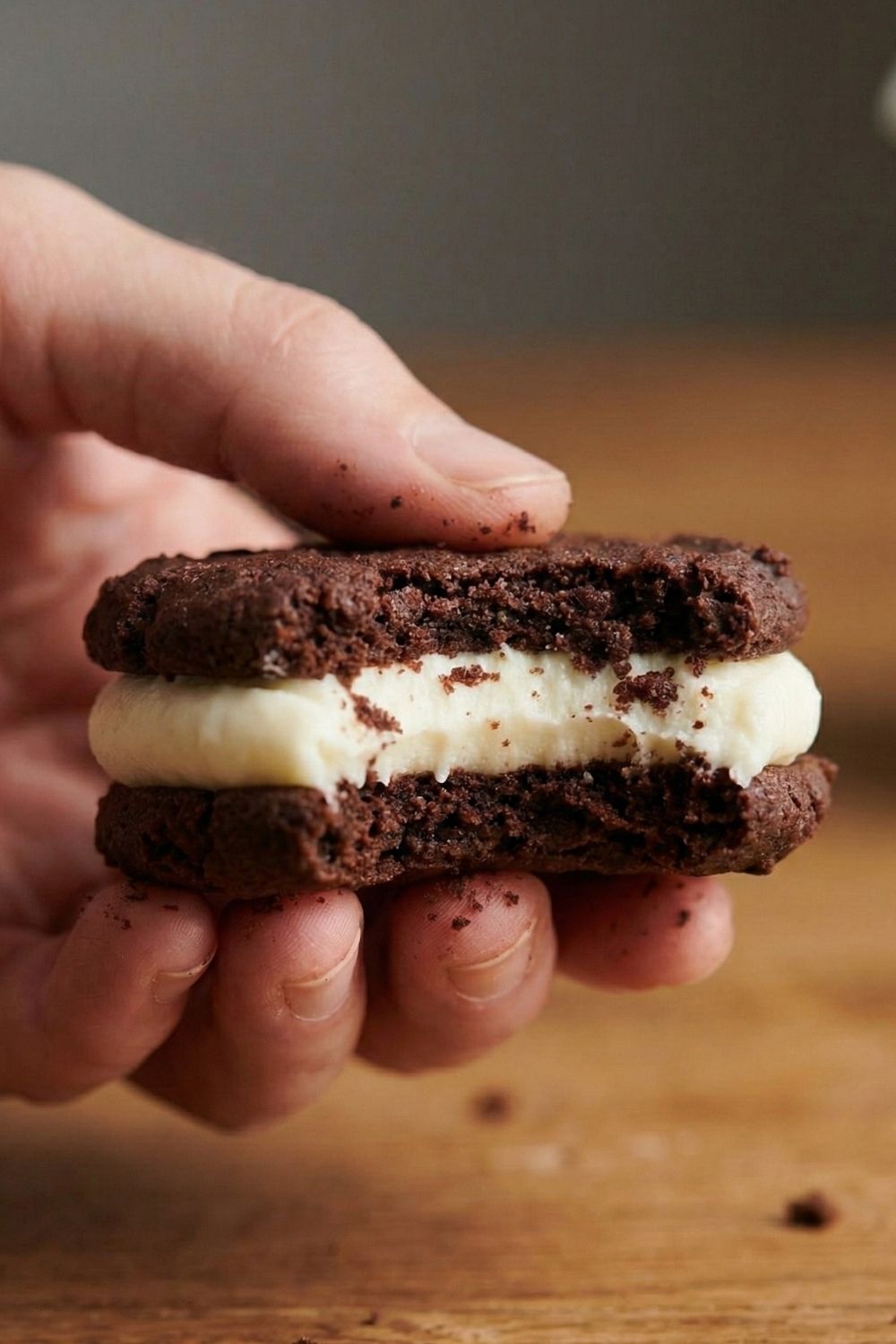 Hand holding a bitten gluten-free and vegan Oreo cookie, showing the crispy crumb structure and smooth white cream center.