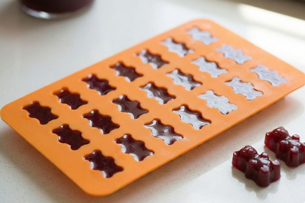 Close-up view of liquid tart cherry mixture settling into silicone molds to chill and firm up.