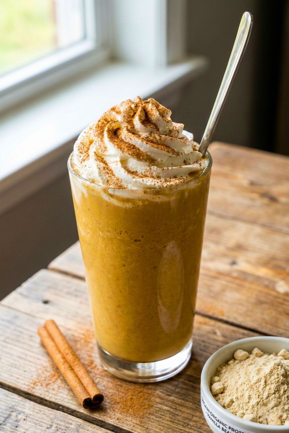 Homemade high protein frappuccino in a clear cup with a gold straw, copycat Starbucks recipe for weight loss.