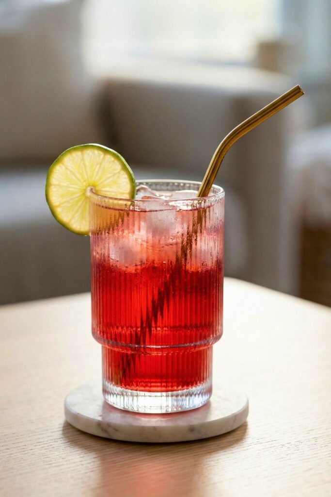 Tart cherry juice sleepy girl mocktail with lime and ice in a glass to boost melatonin and sleep quality.