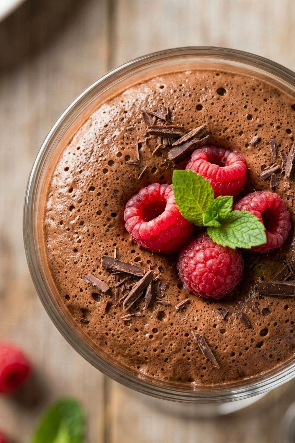 Close-up macro shot of dairy-free chocolate mousse in a glass, showing the aerated bubbles and velvety consistency.