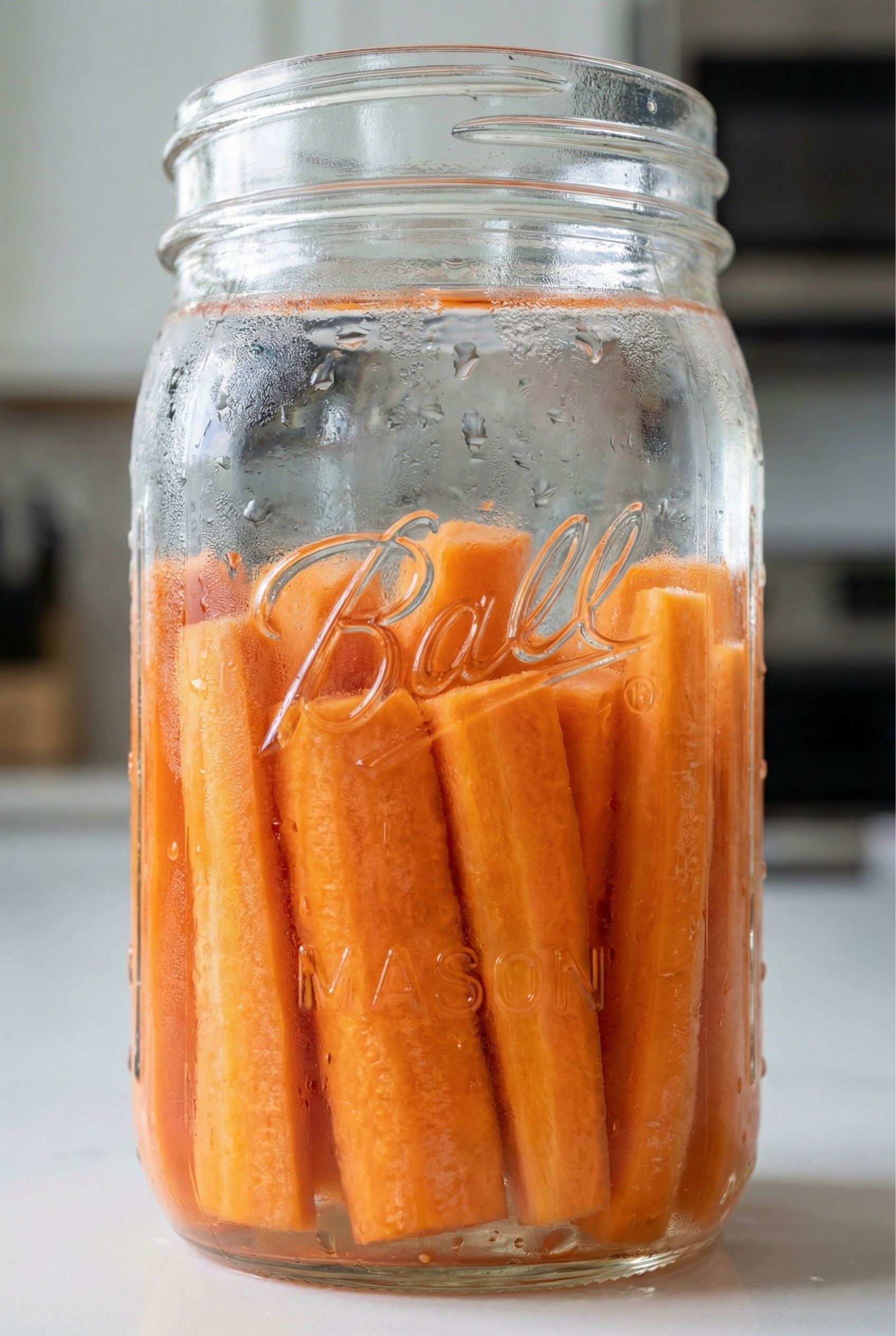 Close-up of fresh carrot sticks and celery submerged in cold water inside a clear mason jar to maintain crispness and freshness