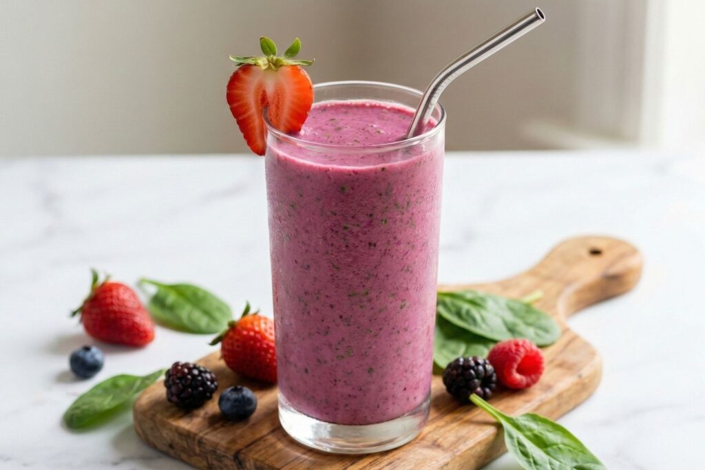Close-up of the finished Glow-Getter Berry Spinach Smoothie served in a tall glass with a metal straw and strawberry garnish, ready to drink for stronger hair and nails