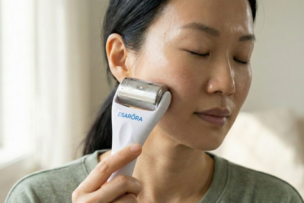 Woman using a frozen stainless steel ice roller on her cheek to soothe redness, tighten pores, and wake up tired skin.