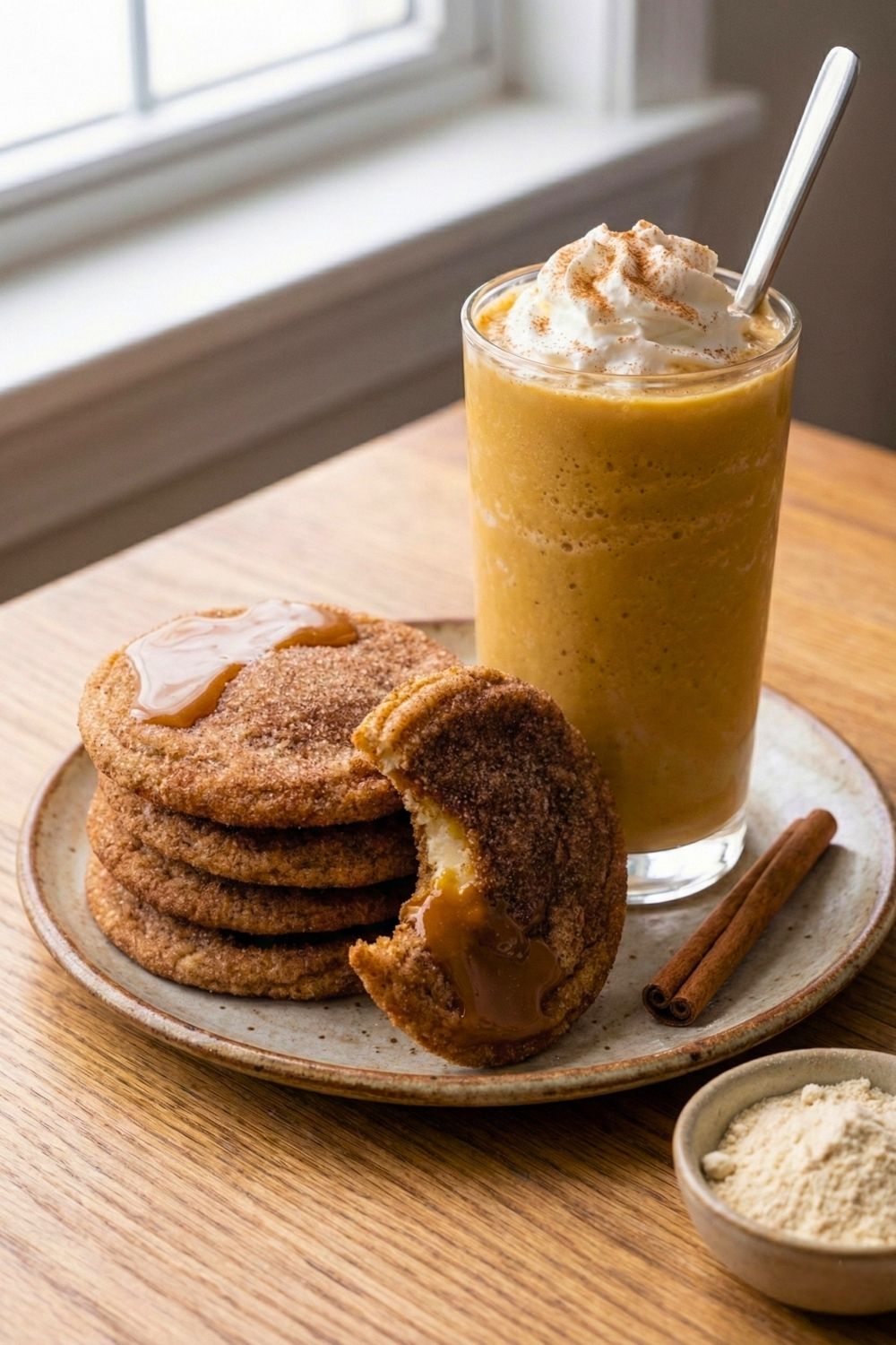 Stack of high protein churro cheesecake cookies with caramel drizzle and a bite taken out, paired with a glass of iced proffee.