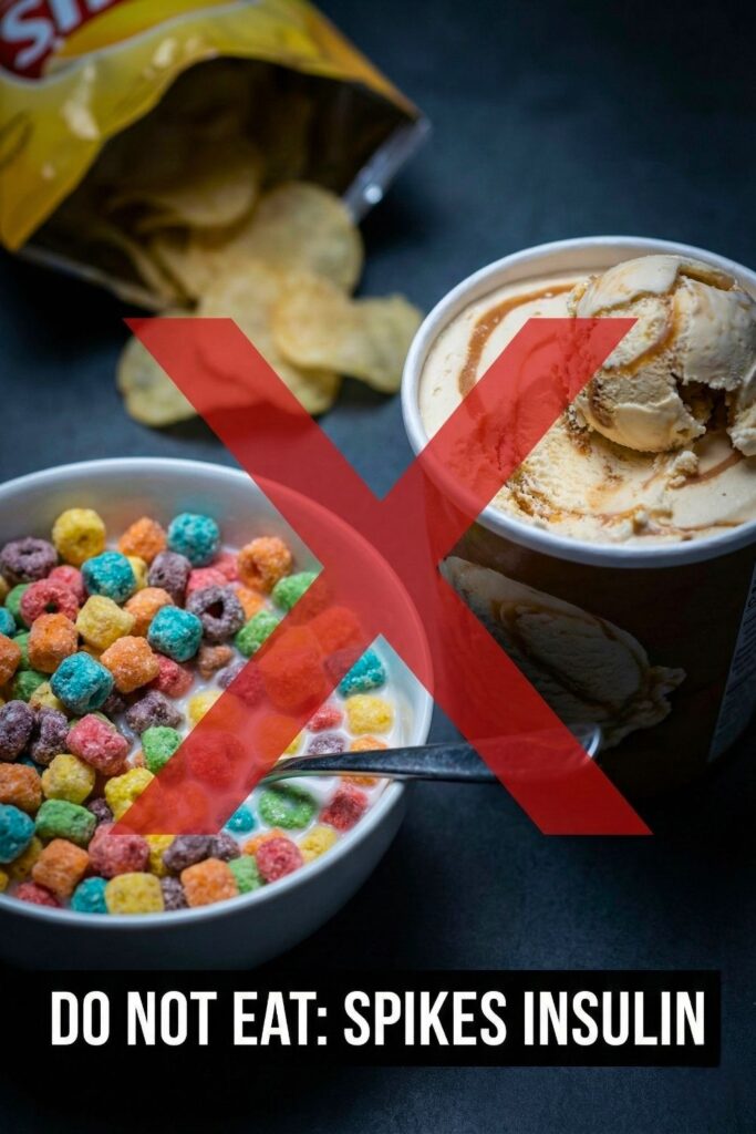 High sugar cereal bowl representing foods to avoid before bed to prevent insulin spikes and fat storage.
