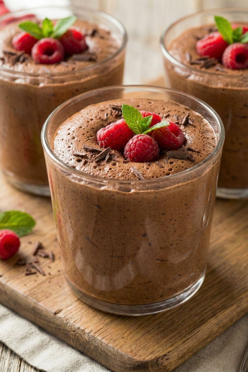 Three serving glasses of vegan chocolate mousse lined up on a wooden board, garnished with sea salt flakes.