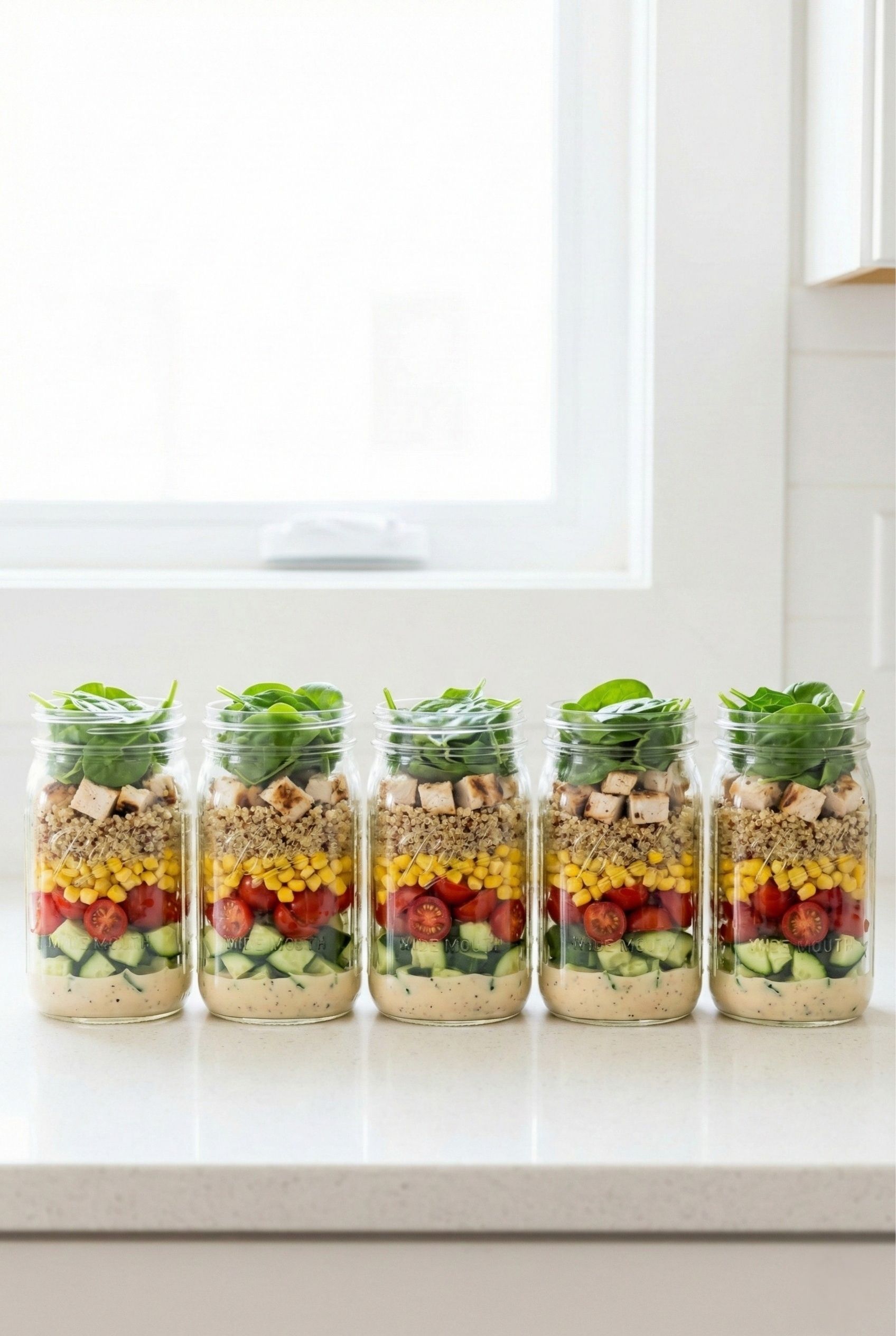 Five healthy mason jar salads lined up on a kitchen counter, showing distinct layers of dressing, vegetables, proteins, and leafy greens.