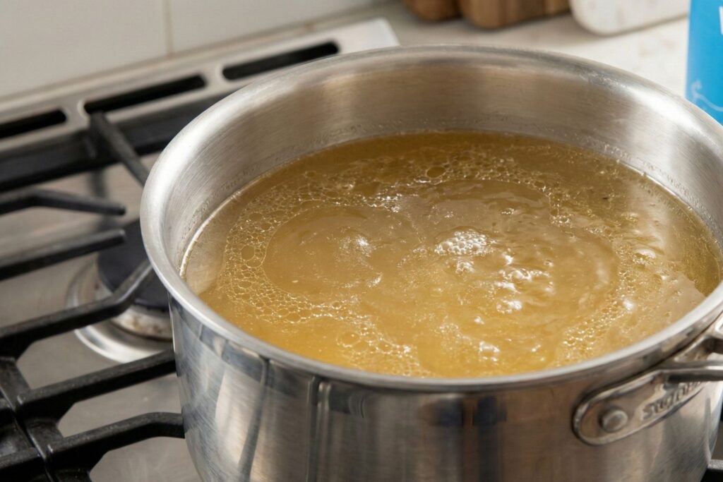 A stainless steel pot on a gas stove containing clear chicken bone broth beginning to simmer, creating the foundation for a gut-healing collagen soup.