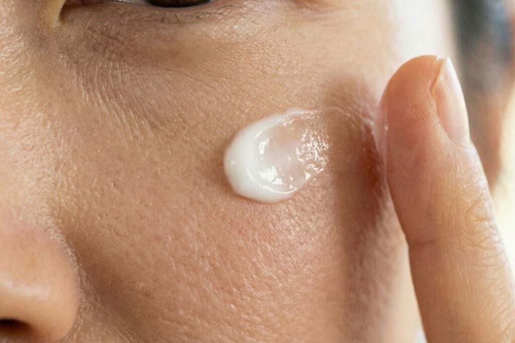 Close-up of a fingertip holding a dollop of La Roche-Posay Pigmentclar eye cream with caffeine and niacinamide for dark circles.